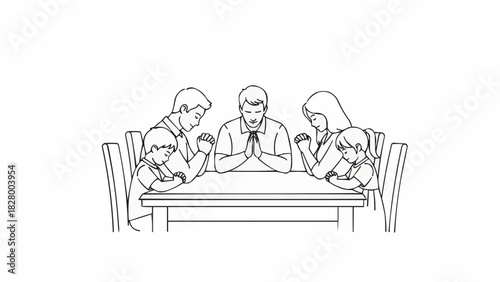Family Praying Together at Table in Line Art.