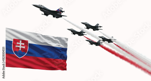 A group of fighter jets flying in formation with the Slovakian flag isolated on white background, celebrating the country's air force and national pride