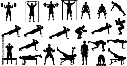 Silhouette vector of strength training, bodyweight exercises, gym workout poses, fitness movements, muscle building, health and wellness icons