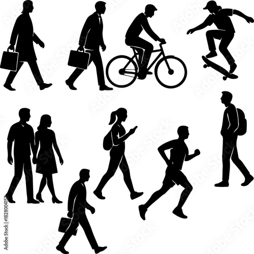 Diverse group of people silhouettes engaging in various activities such as walking biking skateboarding running and commuting in a modern urban setting