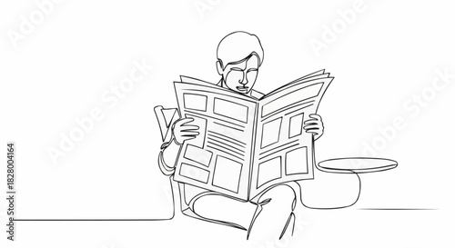 Man engrossed in reading newspaper, line art illustration.