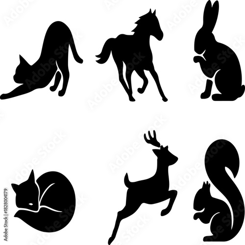 Collection of animal silhouettes featuring a cat dog horse rabbit bear deer and squirrel on a white background perfect for animal lovers