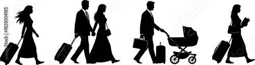 Silhouettes of diverse travelers walking with luggage, stroller, and books representing solo, couple, family, and student travel lifestyle scenes