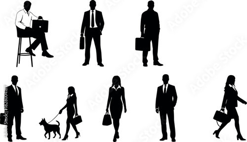 Silhouettes of diverse business professionals in formal attire walking, standing, working with laptop, briefcase, handbag, dog in urban setting