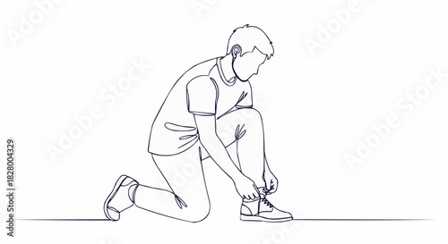 Man Kneeling Tying Shoelaces Simple Line Drawing.