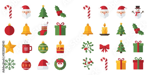 Festive christmas icon collection featuring santa claus, christmas tree, gift, candy cane, christmas ball, bell, star, and other christmas elements isolated on white background