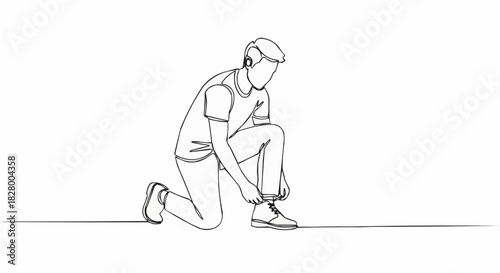 Man Kneeling Tying Shoelaces Simple Line Drawing.
