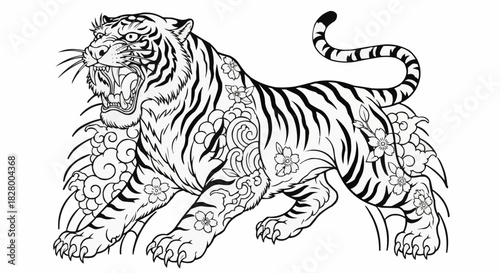Fierce roaring tiger in a traditional Asian tattoo style line art.