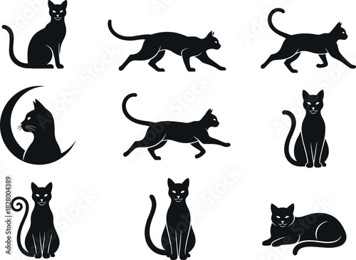 Stylized black cat silhouettes in various poses including moon sitting, walking, running, lying down, artistic feline vector illustration set
