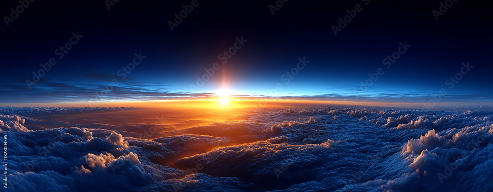 Fototapeta premium Panoramic above the Earth's atmosphere, the sun rising or setting.