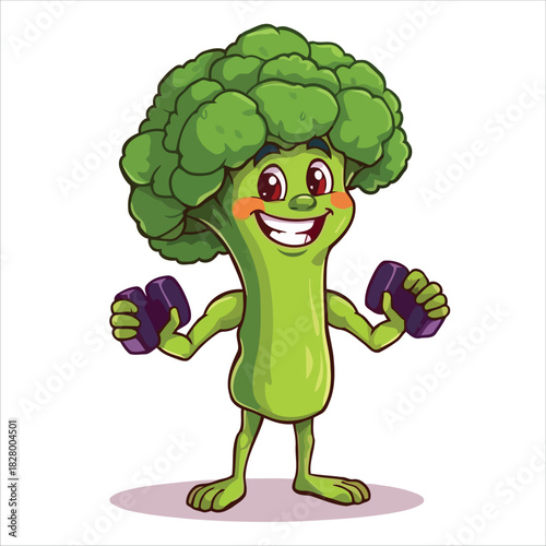 Broccoli mascot exercising with dumbbells promoting healthy lifestyle Vector