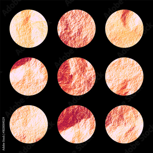 Rose gold foil, shiny handmade circles. Golden glittering texture, pattern. Luxury shining hand drawn background. Wedding greeting card decoration elements. Modern minimalist art. Vector illustration