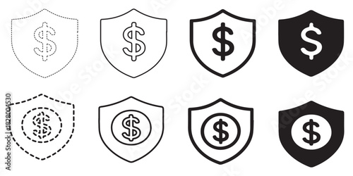 Shields with dollar signs, representing financial security and protection, in various styles and levels of detail.