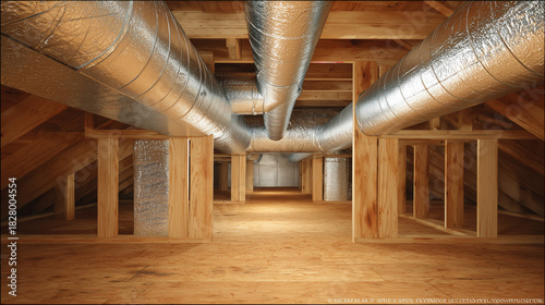 Newly installed insulated air ducts in a clean attic space showing professional HVAC installation and efficient ventilation system concept.