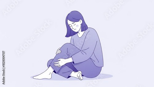 Illustration of a sad woman sitting on the floor hugging her knees with a melancholic expression on her face