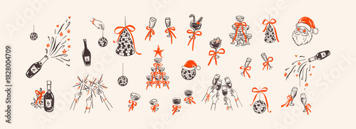Merry Christmas and Happy New Year whimsical hand drawn crayon doodle design elements. Quirky funny Santa Claus. Xmas celebration disco party. Coquette cocktail and champagne bow glass tower