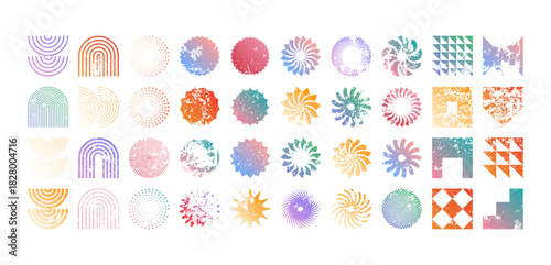 Colorful geometric shapes, modern grunge symbols. Simple primitive elements and forms, distressed details. Retro design, aged, vintage, trendy contemporary minimalist style, y2k. Vector illustration