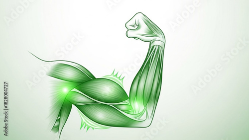 Illustration of a muscular arm flexing with green highlights and detailed muscle definition showing strength