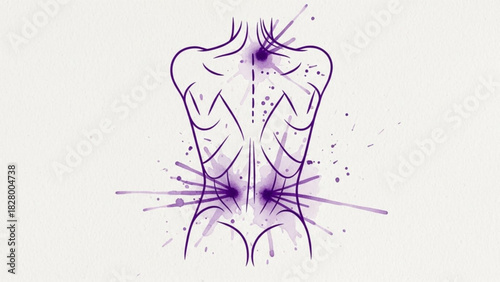 Line art of a human back with purple watercolor splatter effect and spine illustration style design