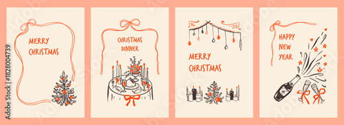 Merry Christmas and Happy New Year hand drawn crayon doodle whimsical frames, invitations, greeting cards, posters. Vintage sketch Christmas party dinner background. Bw ribbon coquette pink frame