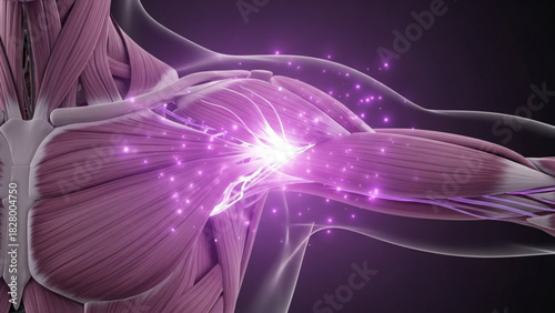 Illustration of shoulder muscles and tendons with glowing light effects around the joint area