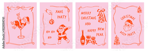 Merry Christmas and Happy New Year whimsical hand drawn doodle posters, girly disco bachelorette party invitation. Coquette bow ribbon xmas frames. Disco ball and champagne cocktail party