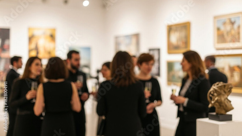 Blurred Art Gallery Exhibition Opening with Visitors Socializing
