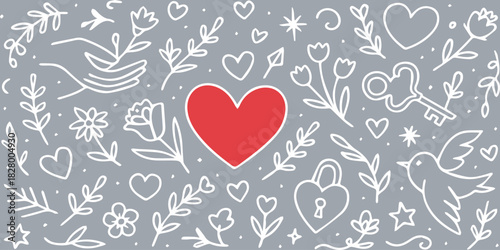 Valentine's Day pattern with hearts, flowers, key, bird, and lock on a gray background.