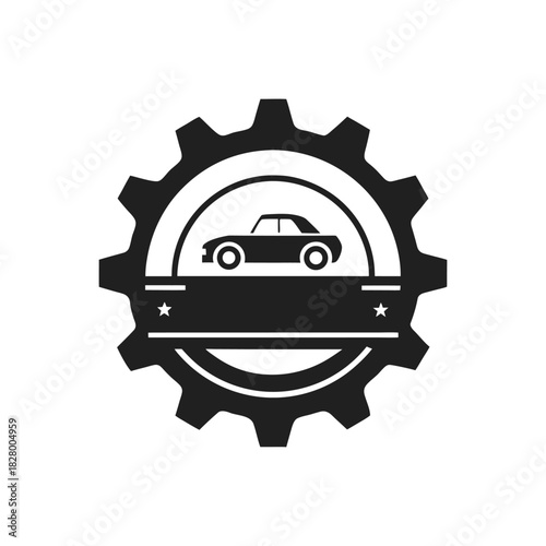 Automotive service and repair emblem featuring a classic car silhouette within a gear and banner design, perfect for mechanic shops and auto enthusiasts