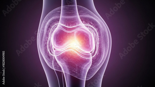 Illustration of a human knee joint with visible bones and surrounding tissue in purple and white shades
