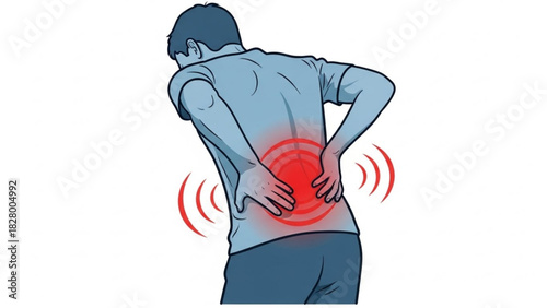 Illustration of a man experiencing back pain with red circles indicating the area of discomfort shown
