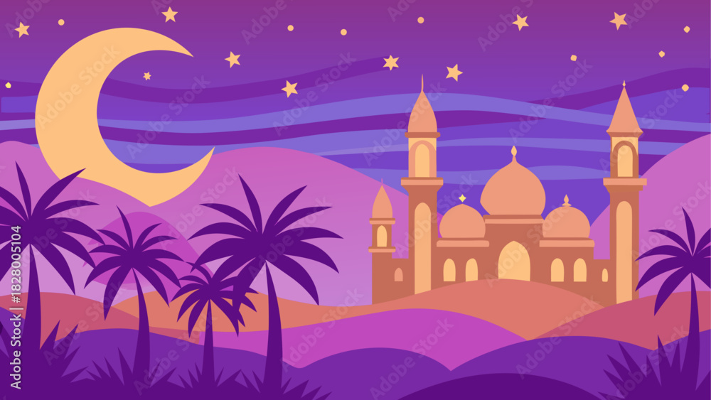 Fototapeta premium Illustration of mosque with moon and palm trees
