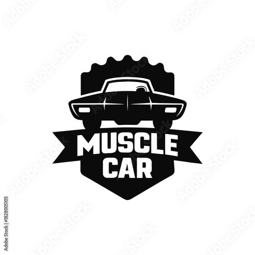 Vintage muscle car emblem featuring an aggressive front view silhouette. Classic American automotive badge vector illustration for a garage or club