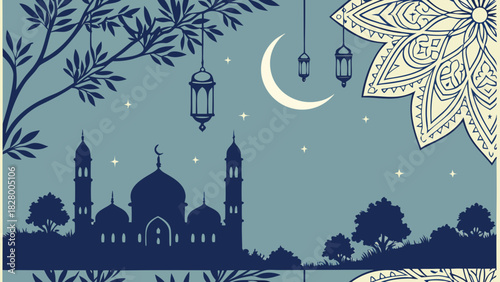 Illustration of mosque with moon and decorations