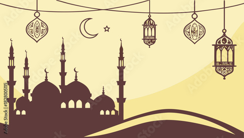 Silhouette mosque with lanterns and moon illustration