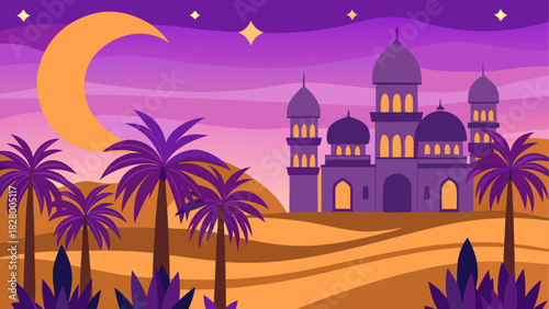 Landscape view of a mosque with moon and palms