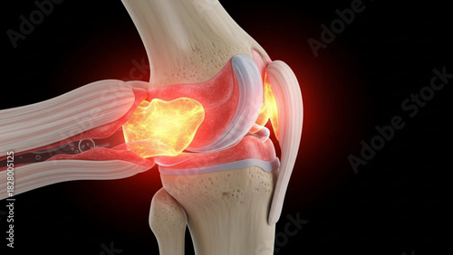 Illustration showing the anatomy of the knee joint with inflammation and pain highlighted in red and yellow