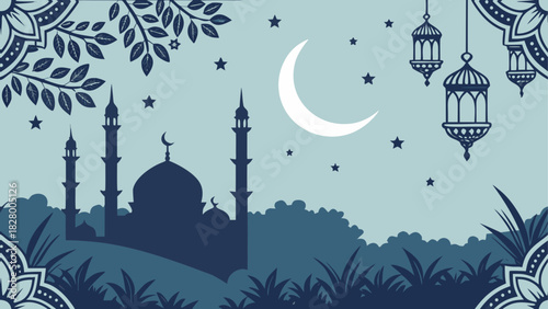 Mosque silhouette with moon and hanging lanterns