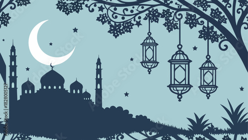 Silhouette of mosque with moon and lanterns view