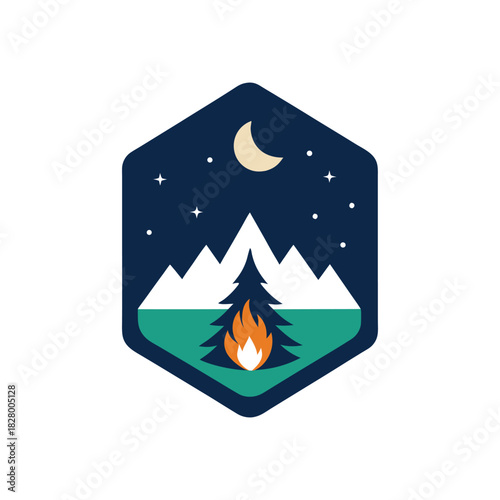 A scenic outdoor camping badge illustration featuring a bright campfire before a snow-capped mountain ridge at night