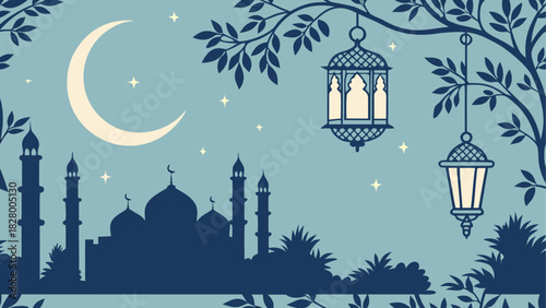 Silhouette mosque with moon and hanging lanterns