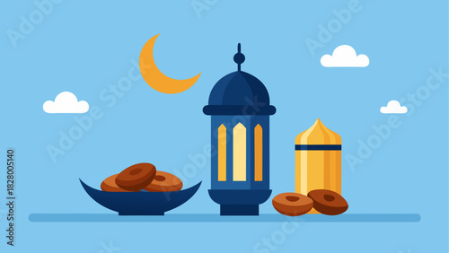 Ramadan illustration with lantern and dates bowl