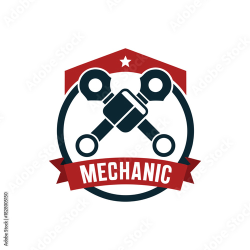 Vintage auto repair service emblem with crossed pistons. Retro mechanic logo icon with bold design elements for a garage or workshop