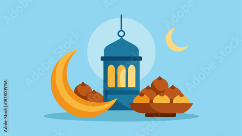 Ramadan lantern with crescent moon and dates bowl