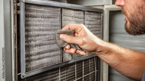 Technician cleaning dirty furnace filter to improve air quality and efficiency of heating ventilation system