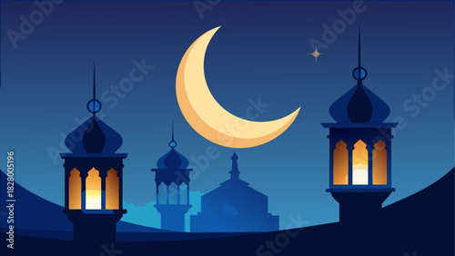Ramadan scene with moon and mosque silhouettes