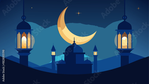 Illustration of islamic night with moon and mosque