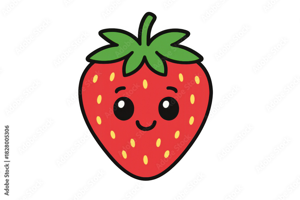 Obraz premium Red strawberry cartoon character with big eyes on transparent background, cute fruit smiling friendly face