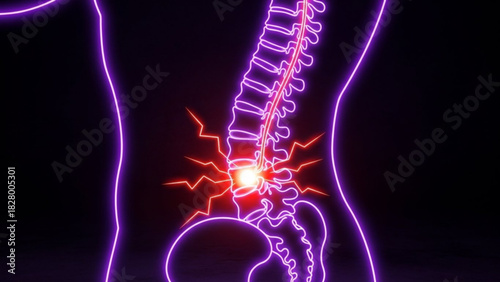 Human body outline with spinal cord and pain indication in glowing neon style on a dark background