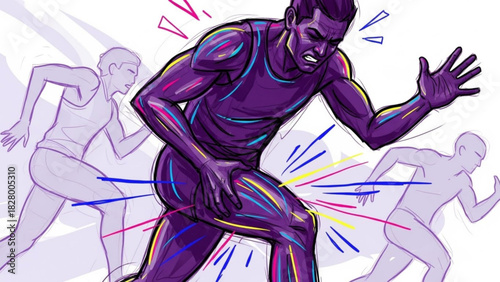 Man in pain clutching his thigh during a race with competitors blurred in the background illustration